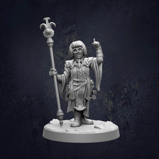 A 3D model of a character holding a staff and a staff-like object, standing on a base.
