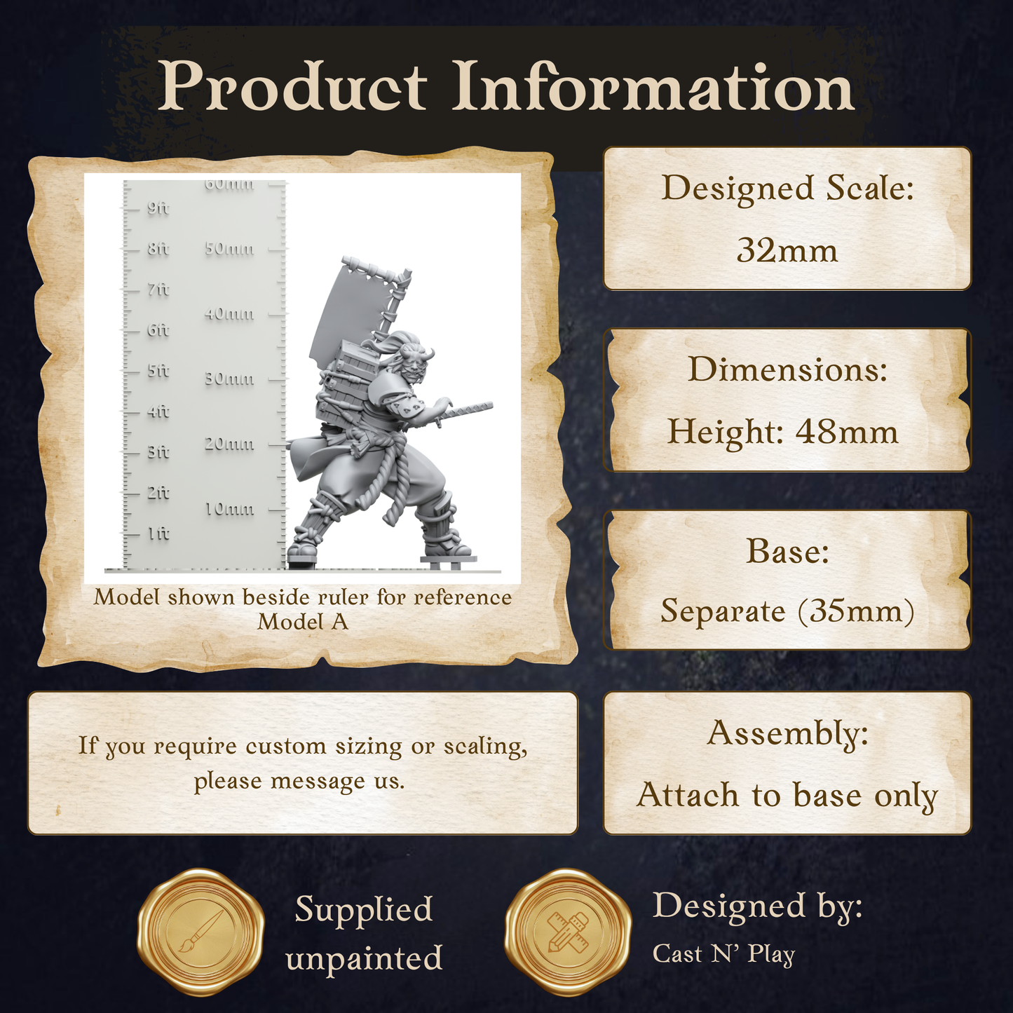 The image is a product information display featuring a model of a warrior figure, along with dimensions and assembly instructions.