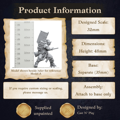 The image is a product information display featuring a model of a warrior figure, along with dimensions and assembly instructions.