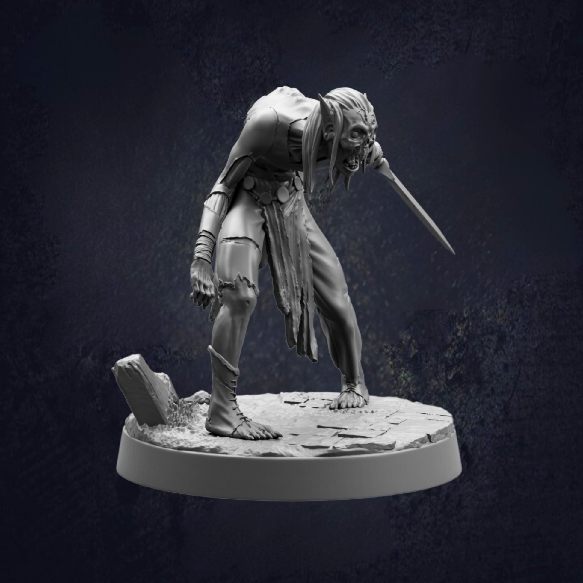 A dark, moody statue of a menacing-looking creature with a long, sharp weapon in its hand, standing on a rocky surface.