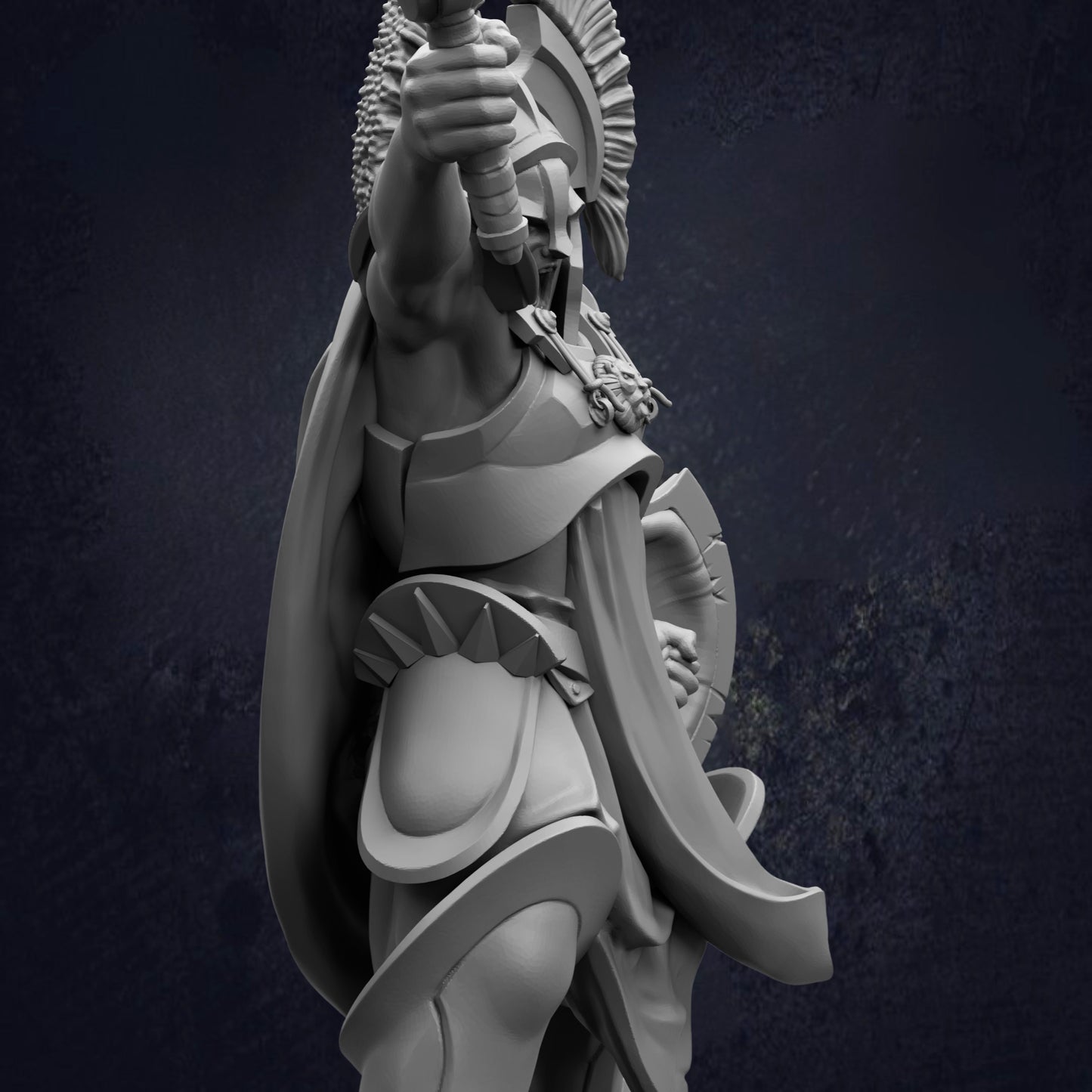 A detailed 3D rendering of a warrior figure, wearing a helmet and armor, holding a weapon and standing in a fighting stance.
