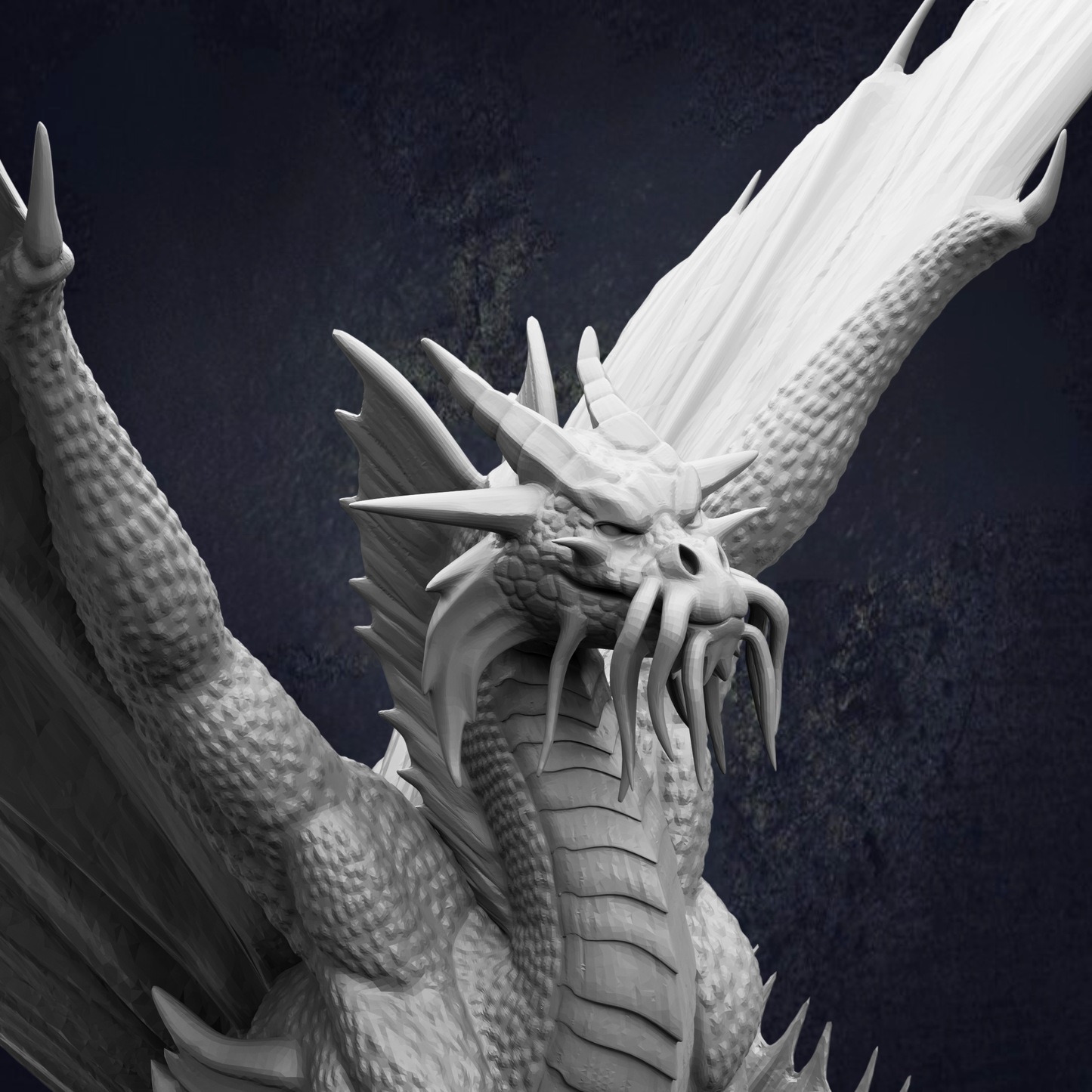 A detailed, realistic-looking dragon statue with sharp teeth and a fierce expression, set against a dark background.