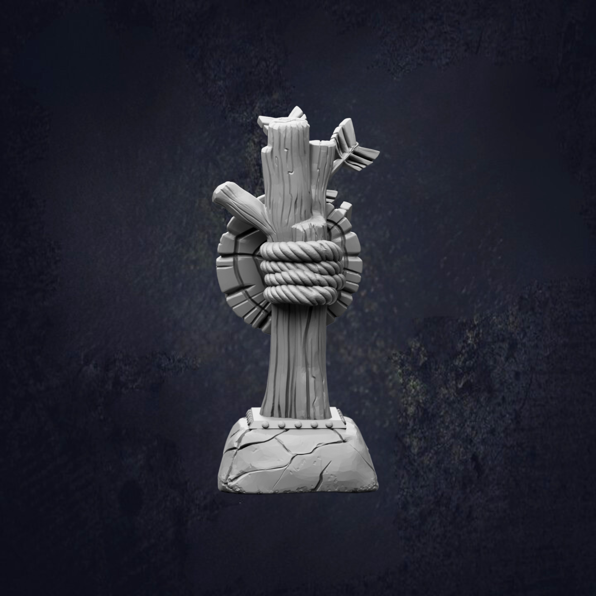 A white, wooden sculpture with a rope and arrow on top, set against a dark background.