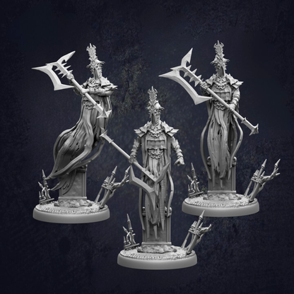 three figurines of a fantasy character, each holding a large weapon, set against a dark background.