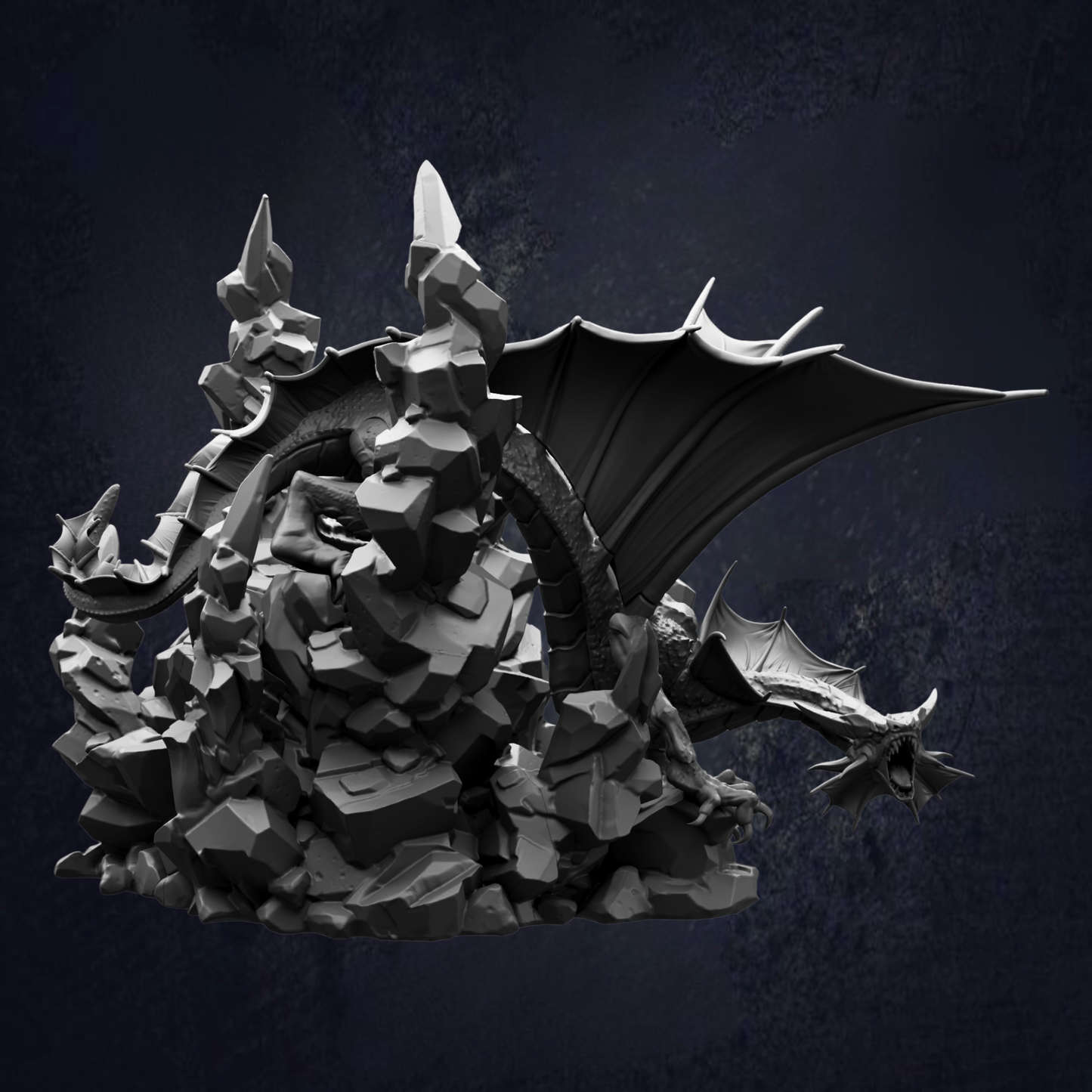 A dark, moody image depicting a large, menacing dragon-like creature with sharp teeth and claws, surrounded by jagged rocks and a dark background.