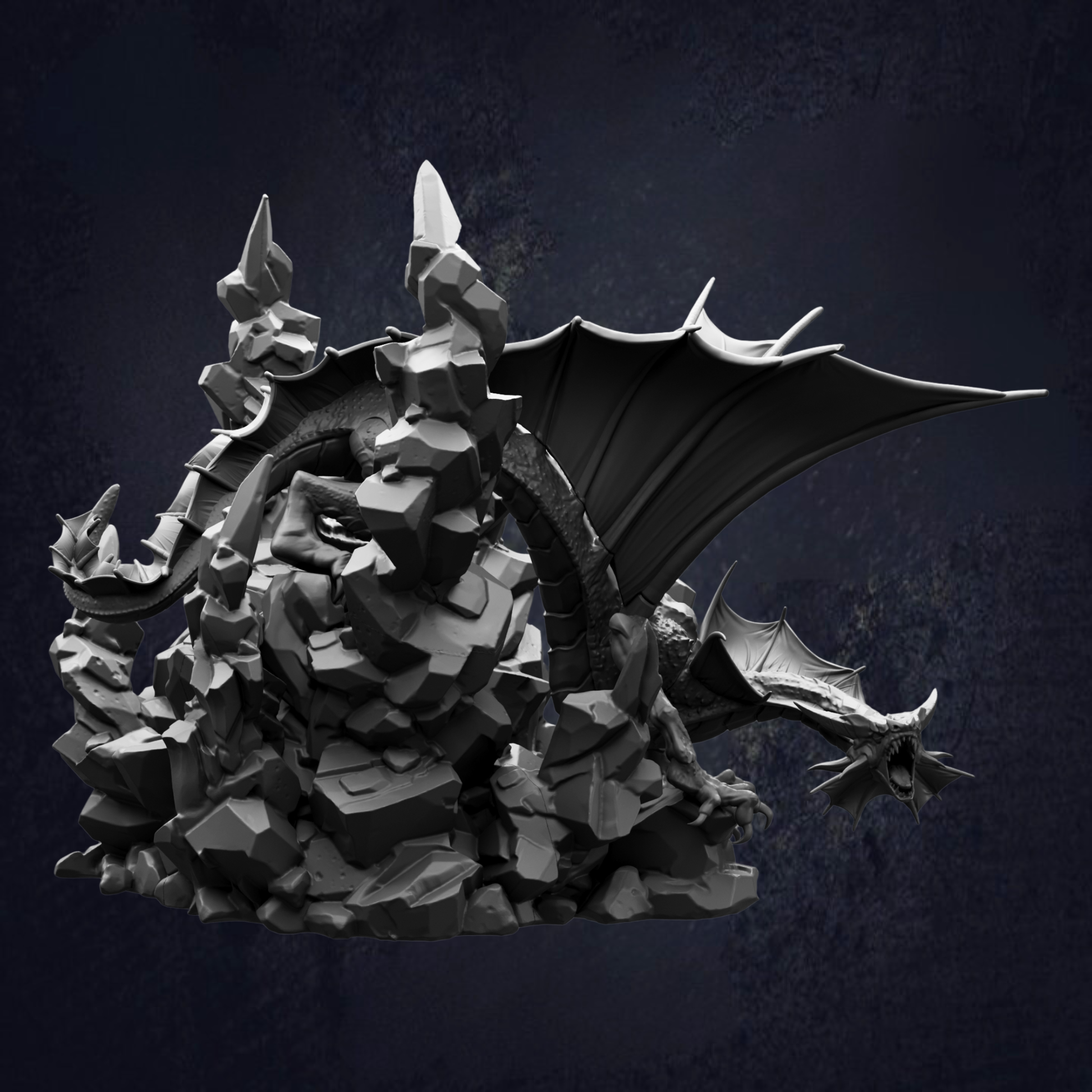 A dark, moody image depicting a large, menacing dragon-like creature with sharp teeth and claws, surrounded by jagged rocks and a dark background.