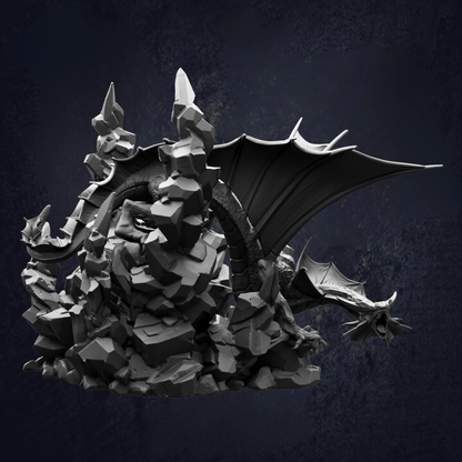 A dark, moody image depicting a large, menacing dragon-like creature with sharp teeth and claws, surrounded by jagged rocks and a dark background.