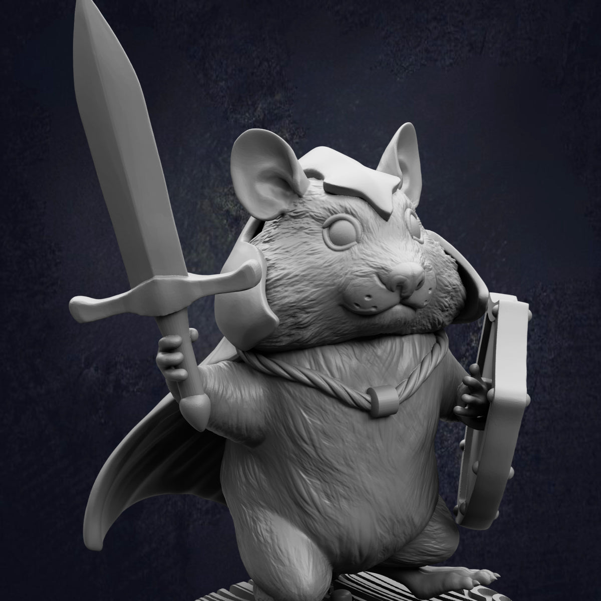 A detailed 3D model of a mouse-like creature holding a sword and shield, standing on a platform against a dark background.