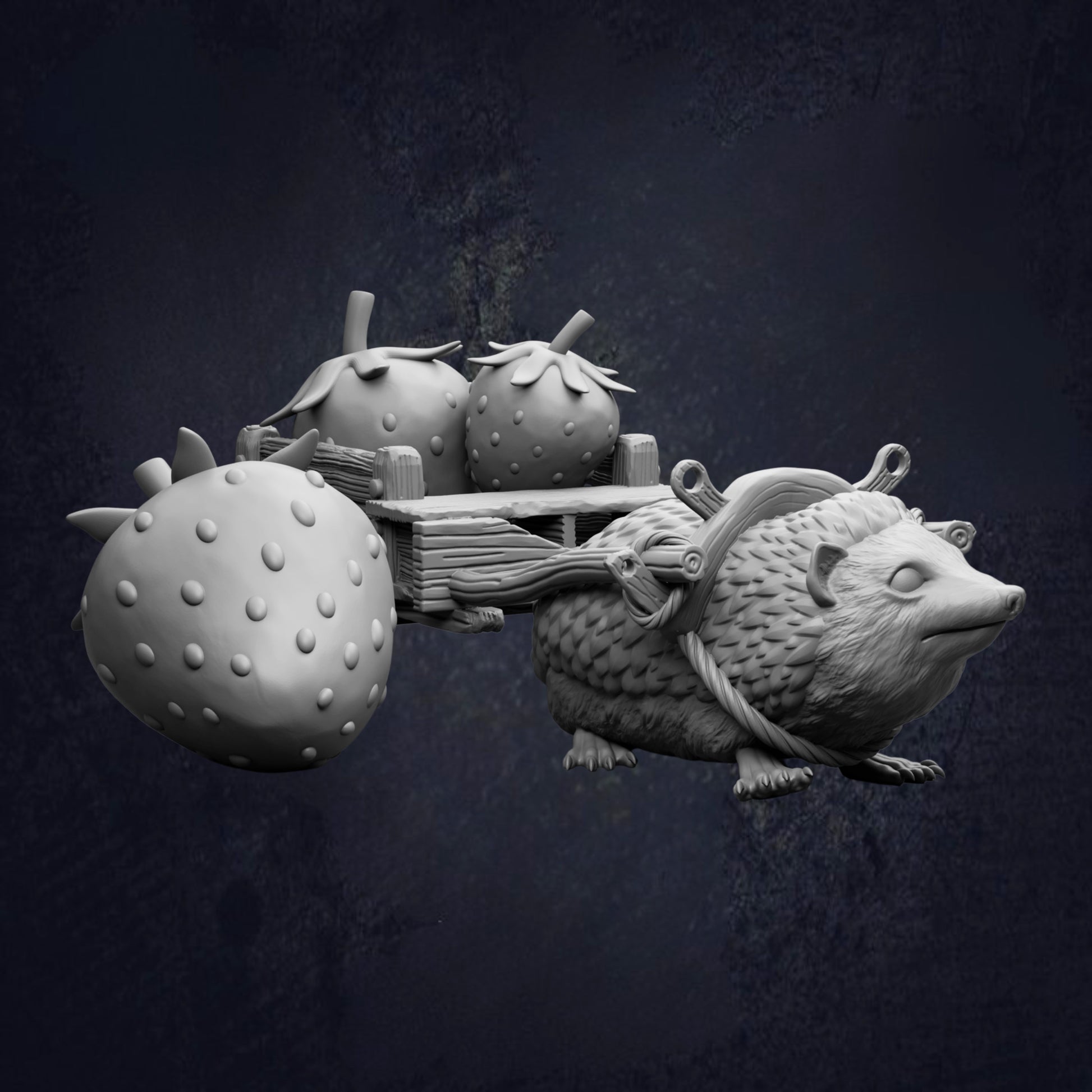 A whimsical sculpture of a hedgehog carrying three strawberries on a wooden cart.