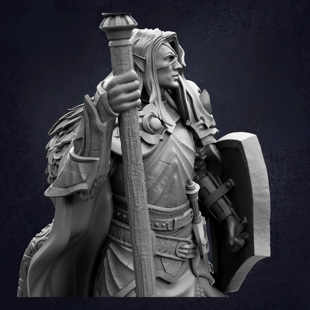 A detailed 3D rendering of a knight figure holding a shield and sword, standing in a defensive stance.