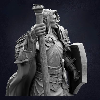 A detailed 3D rendering of a knight figure holding a shield and sword, standing in a defensive stance.