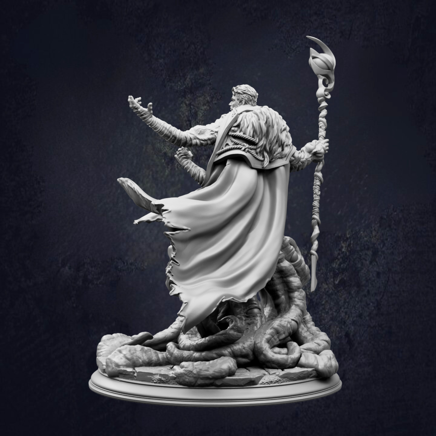 A detailed 3D model of a figure holding a staff and a staff-like object, standing on a rock formation.