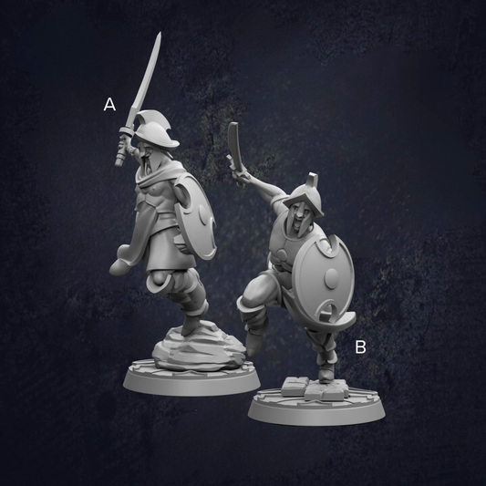 two figurines, one standing and one in motion, both holding weapons and wearing armor.