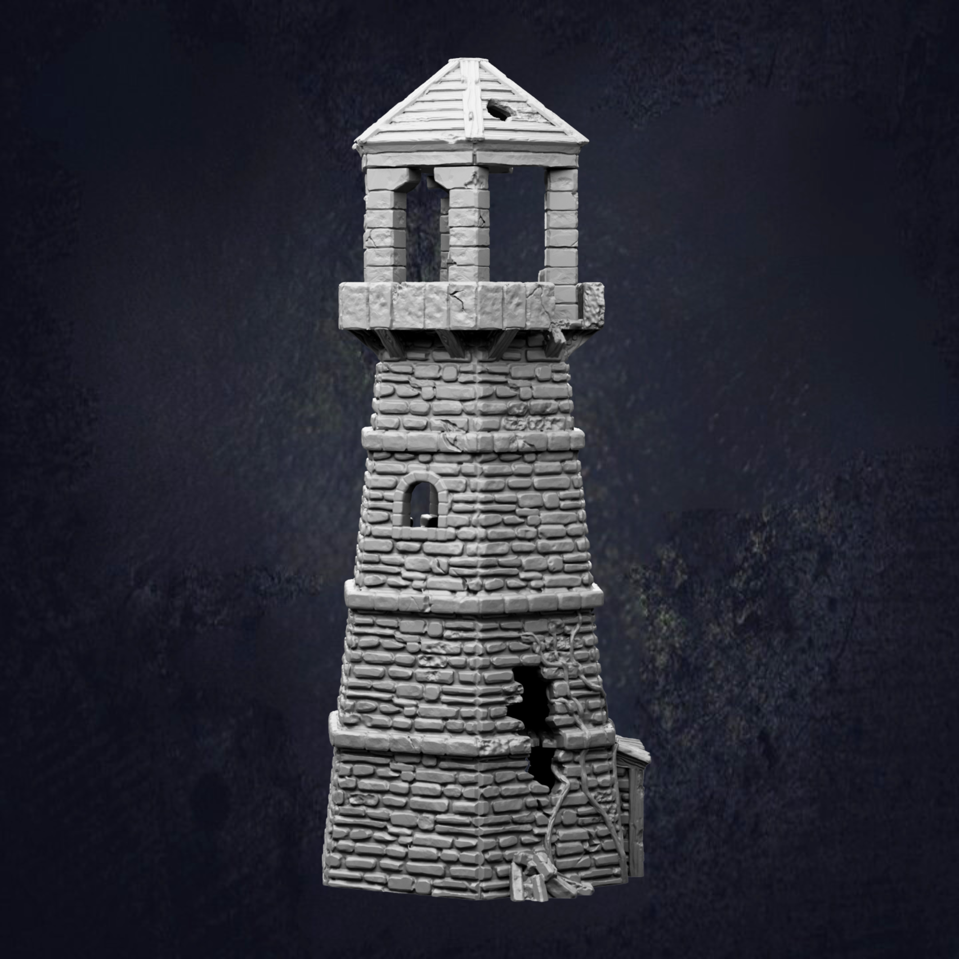 A stone lighthouse with a pointed roof stands against a dark background.