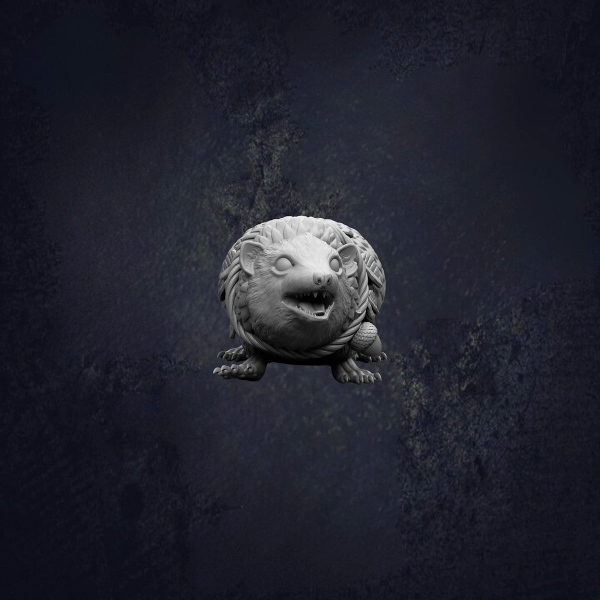 A stone statue of a hedgehog with a fierce expression is shown against a dark, textured background.