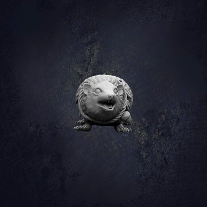 A stone statue of a hedgehog with a fierce expression is shown against a dark, textured background.