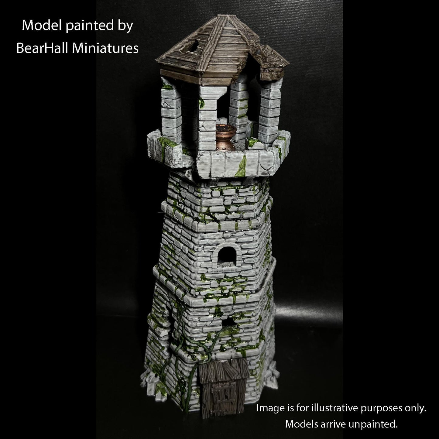 A model of a stone tower with a pointed roof, featuring a small window and a door, painted by Bear Hall Miniatures.