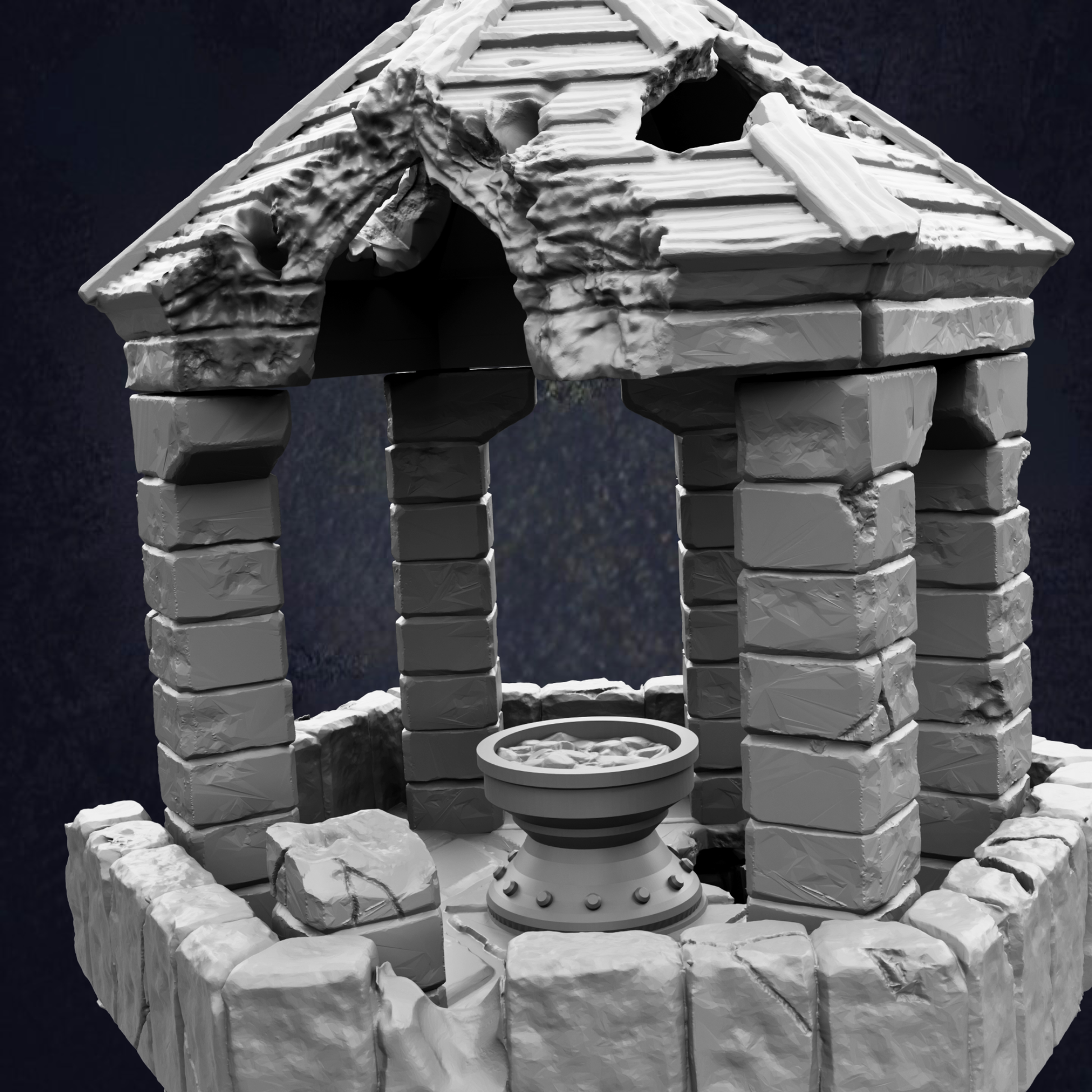 A 3D rendering of a stone structure with a pointed roof, featuring a bowl-shaped object in the center.