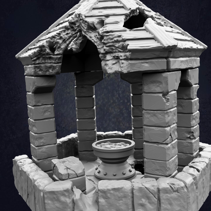 A 3D rendering of a stone structure with a pointed roof, featuring a bowl-shaped object in the center.