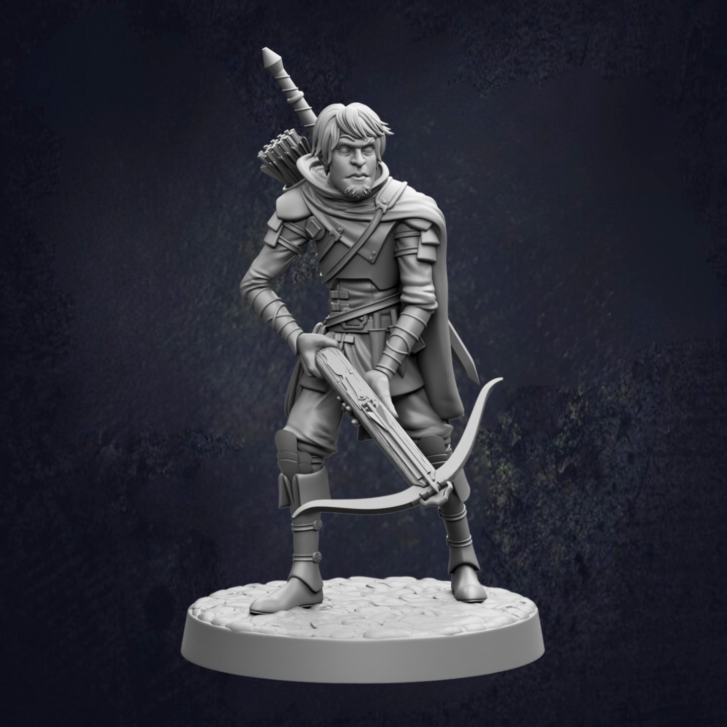 A 3D model of a knight figure holding a crossbow and sword, standing on a platform against a dark background.