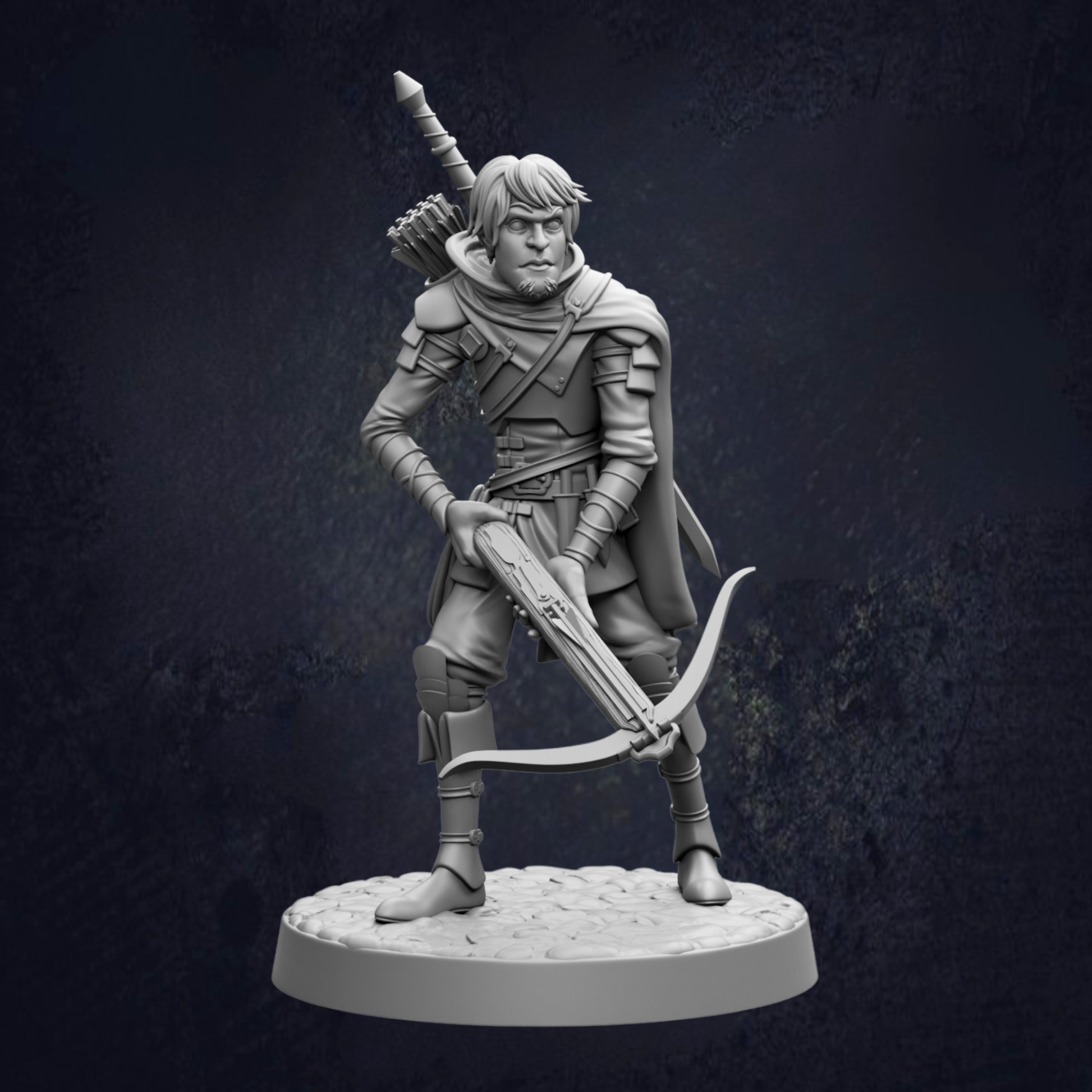 A 3D model of a knight figure holding a crossbow and sword, standing on a platform against a dark background.
