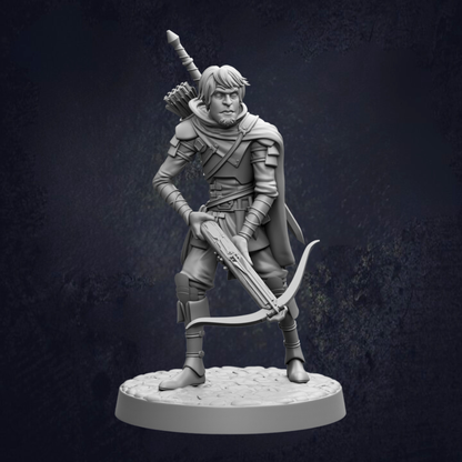A 3D model of a knight figure holding a crossbow and sword, standing on a platform against a dark background.