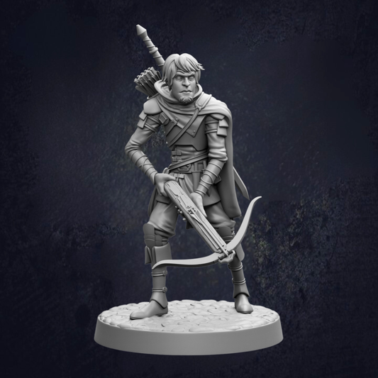 A 3D model of a knight figure holding a crossbow and sword, standing on a platform against a dark background.
