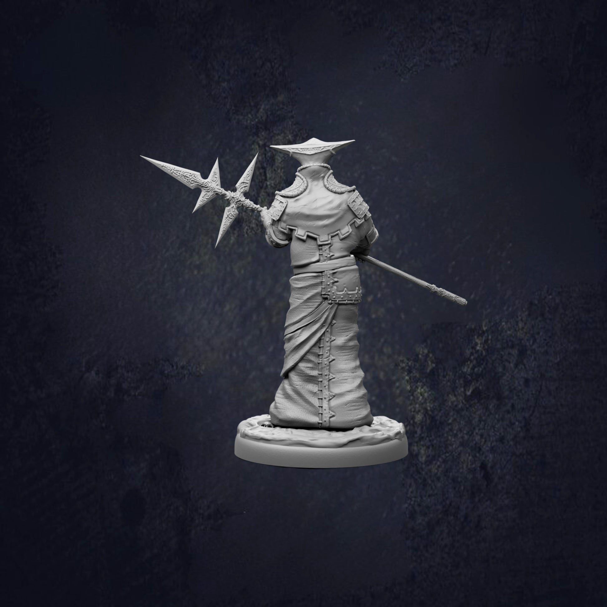 A statue of a person holding a spear and shield, standing in a dark, moody setting.