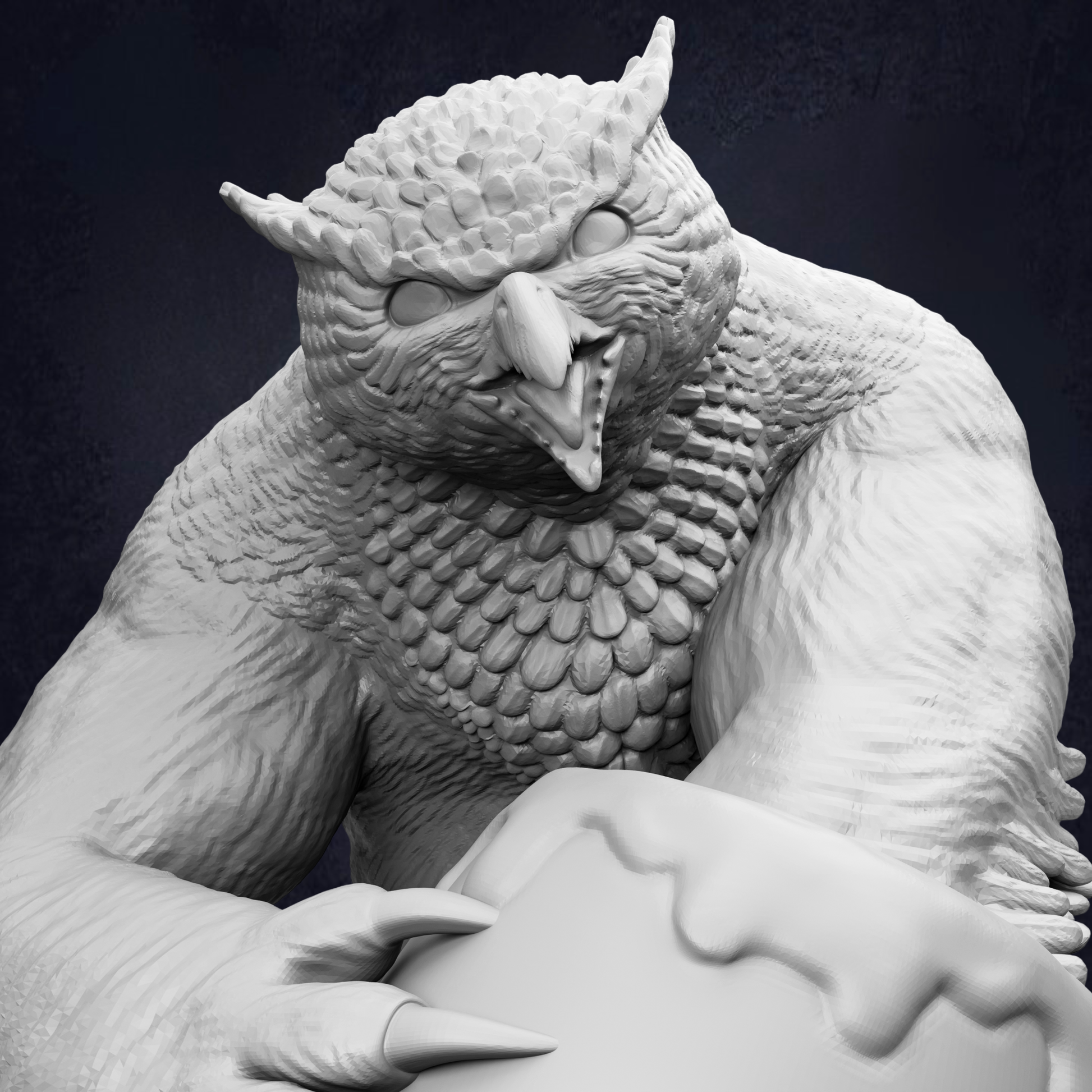 A detailed 3D rendering of a fierce-looking owl statue, with its sharp beak and talons prominently displayed.