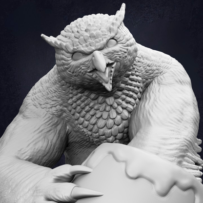 A detailed 3D rendering of a fierce-looking owl statue, with its sharp beak and talons prominently displayed.