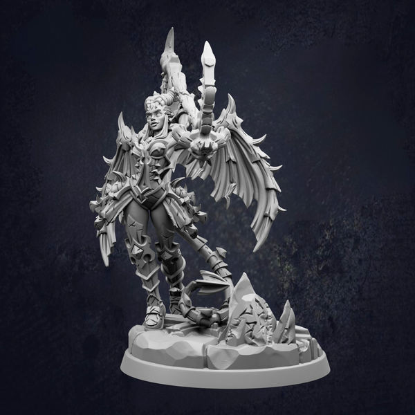 A detailed 3D model of a winged warrior figure, with intricate armor and a fierce expression, standing on a rocky base against a dark background.