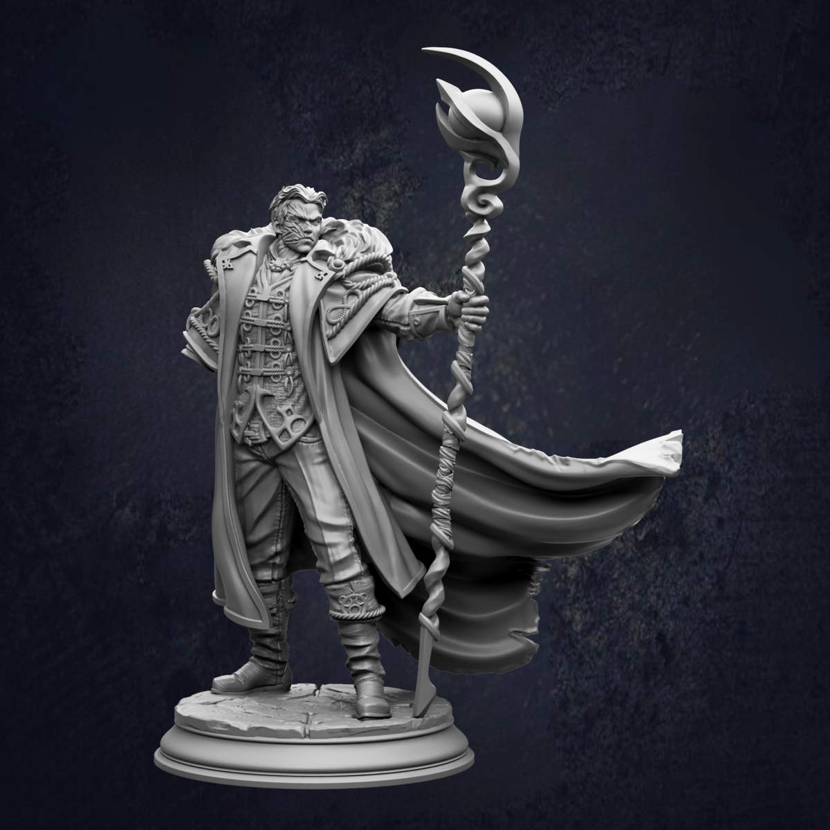 A detailed 3D model of a character holding a staff with a crescent moon on it, standing against a dark background.
