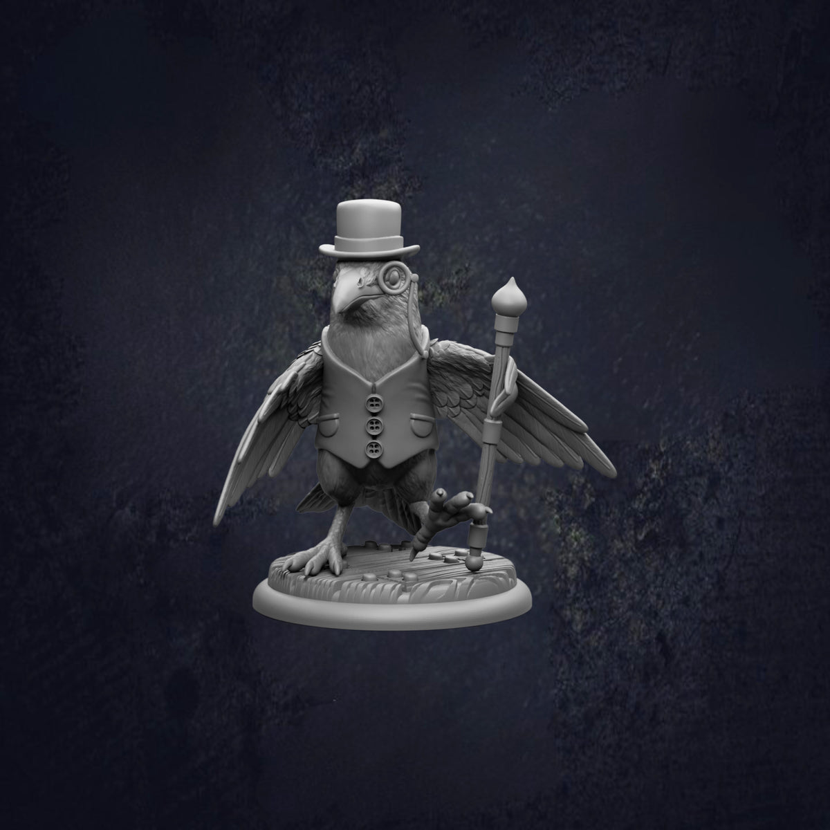 A bird statue wearing a top hat and holding a cane, standing on a base with wings spread out.