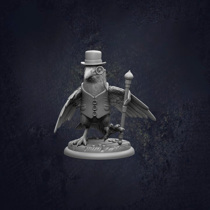 A bird statue wearing a top hat and holding a cane, standing on a base with wings spread out.