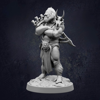 A detailed 3D model of a muscular, horned figure with a beard, standing on a platform and holding a weapon.