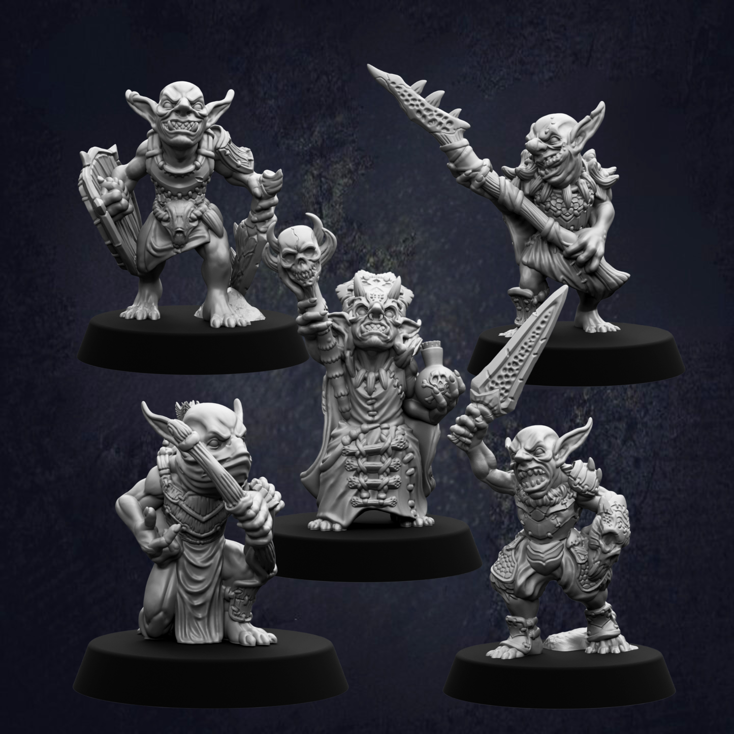 five figurines of fantastical creatures, each with unique features and weapons, set against a dark background.