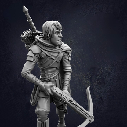 A 3D rendering of a knight figure holding a crossbow and shield, standing in a defensive stance.