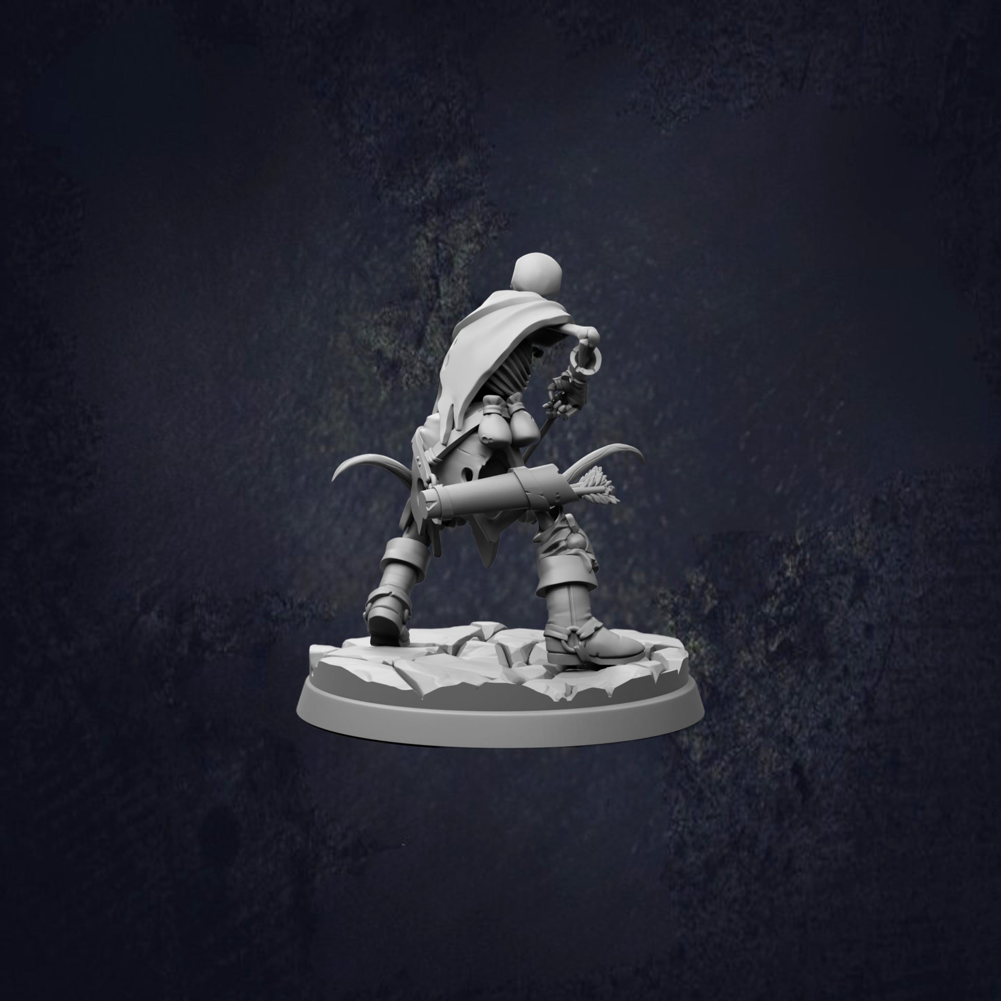 A 3D model of a character with a cape and a weapon, standing on a base against a dark background.