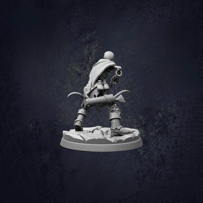 A 3D model of a character with a cape and a weapon, standing on a base against a dark background.
