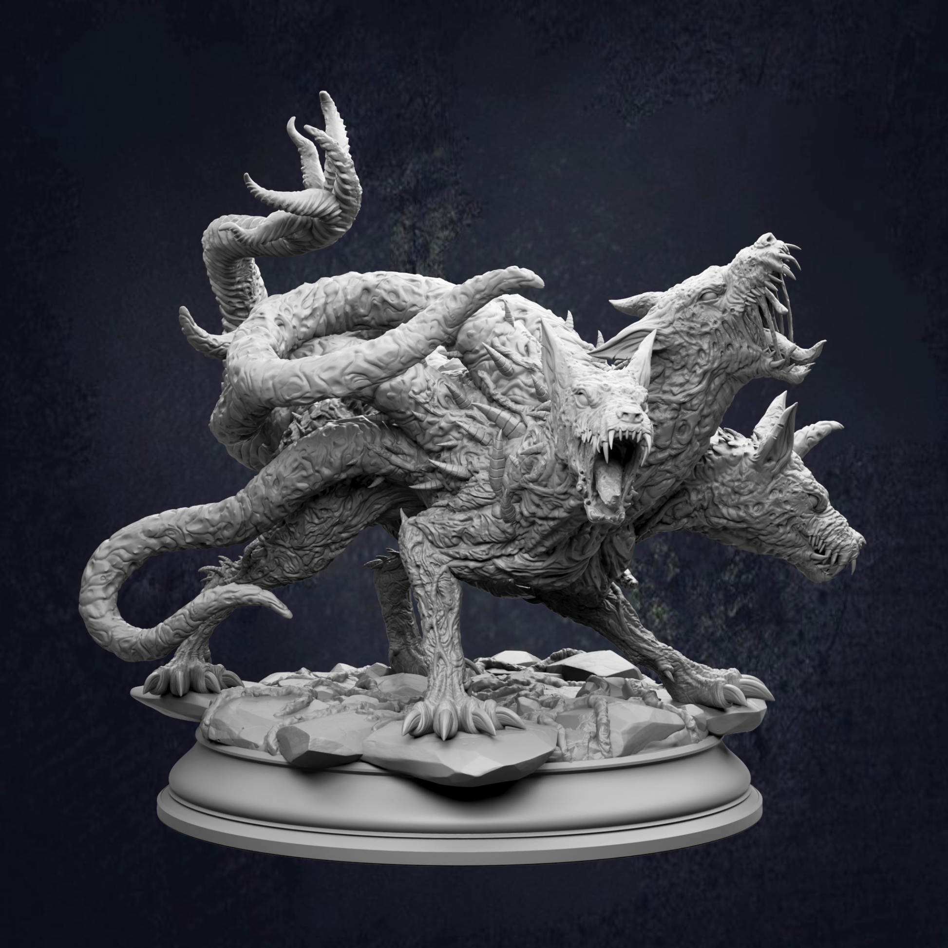 A detailed 3D model of a mythical creature, resembling a monster or a beast, with sharp teeth and claws. The creature appears to be a combination of a dragon and a serpent, with a fierce expression on its face. The creature is standing on a platform, which is placed on a rock formation. The background of the image is dark, providing a stark contrast to the creature and making it stand out prominently.