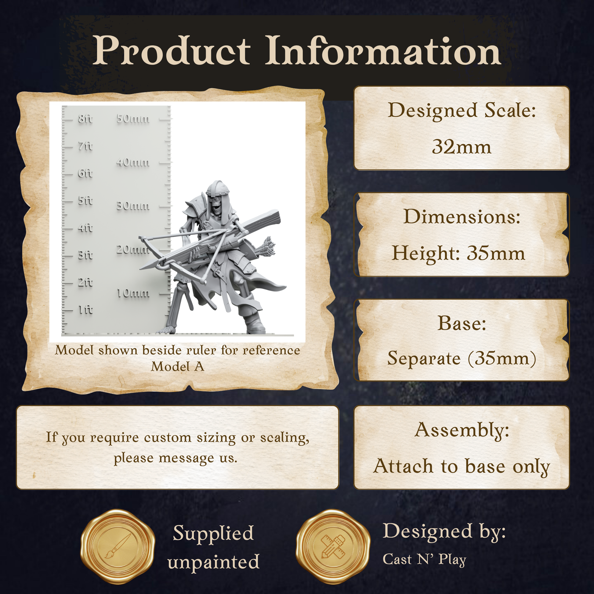 The image is a product information graphic for a model called "Model A". It includes dimensions, a base, and assembly instructions. The model is shown beside a ruler for reference. The product is designed by Cast N' Play.