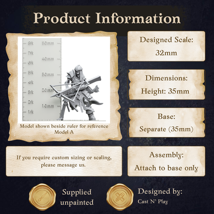 The image is a product information graphic for a model called "Model A". It includes dimensions, a base, and assembly instructions. The model is shown beside a ruler for reference. The product is designed by Cast N' Play.