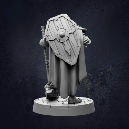 A detailed 3D model of a knight figure, standing on a pedestal and holding a shield and a sword.
