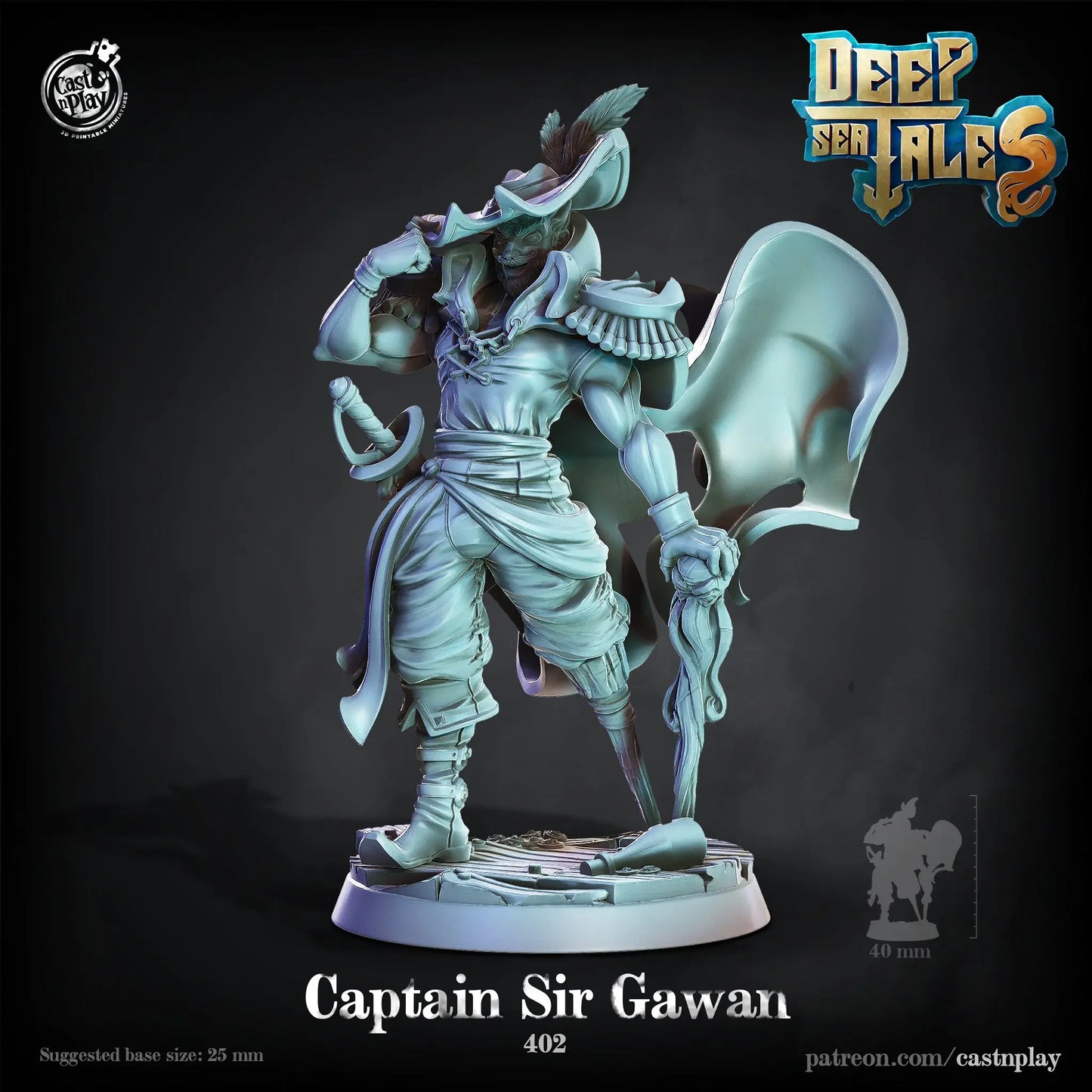 The Captain Sir Gawan is a detailed DnD miniature of a noble, armored knight standing in a proud and commanding pose. He wears intricately crafted plate armor with royal symbols and a flowing cape, signifying his high rank. His facial expression is confident and resolute, with a regal stance that reflects his leadership and authority. Holding a sword in one hand and a shield in the other, this miniature embodies the essence of a heroic and honorable captain, ready for battle.