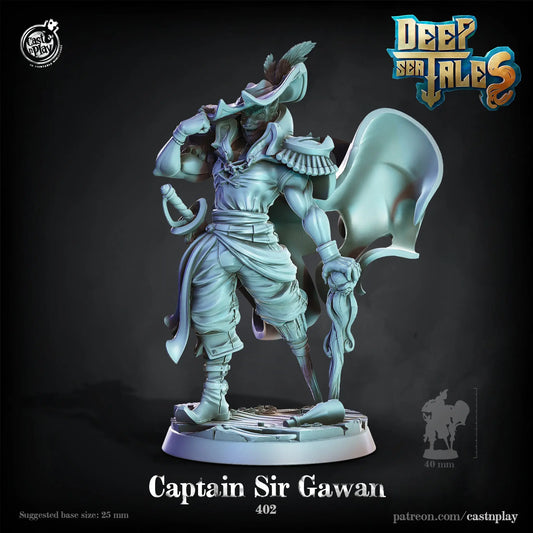 The Captain Sir Gawan is a detailed DnD miniature of a noble, armored knight standing in a proud and commanding pose. He wears intricately crafted plate armor with royal symbols and a flowing cape, signifying his high rank. His facial expression is confident and resolute, with a regal stance that reflects his leadership and authority. Holding a sword in one hand and a shield in the other, this miniature embodies the essence of a heroic and honorable captain, ready for battle.