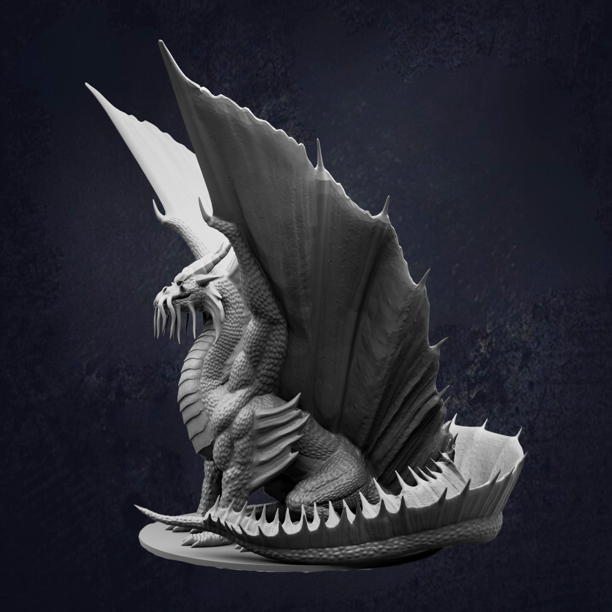 A detailed 3D model of a dragon statue, with its wings spread wide and sharp teeth visible.