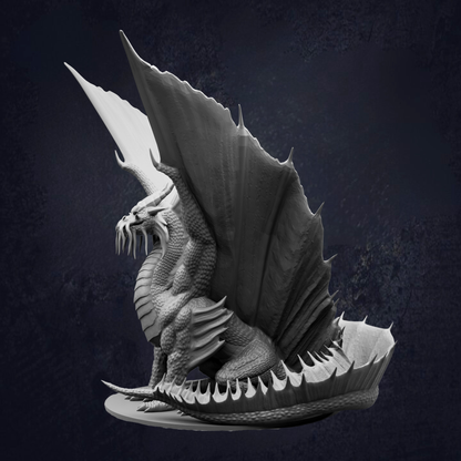 A detailed 3D model of a dragon statue, with its wings spread wide and sharp teeth visible.