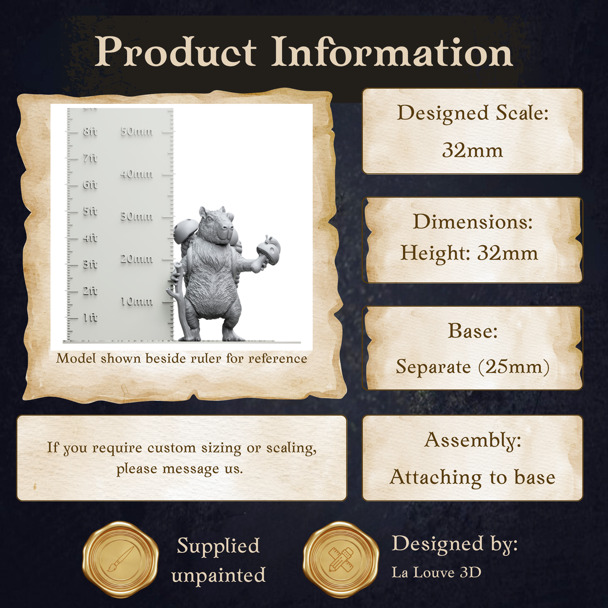 The image is a product information graphic that provides details about a model shown beside a ruler for reference. The model is designed to be 25mm tall and has dimensions of 32mm in height. The base of the model is 25mm in size. The image is a collage of multiple images, and it is not a single image but a collection of images. The design is by La Louve 3D.