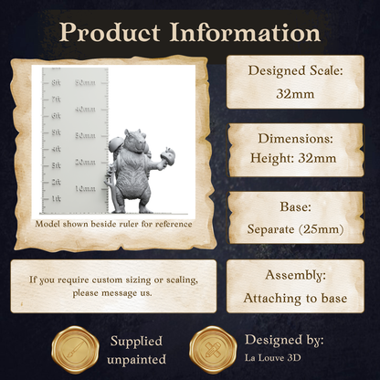 The image is a product information graphic that provides details about a model shown beside a ruler for reference. The model is designed to be 25mm tall and has dimensions of 32mm in height. The base of the model is 25mm in size. The image is a collage of multiple images, and it is not a single image but a collection of images. The design is by La Louve 3D.