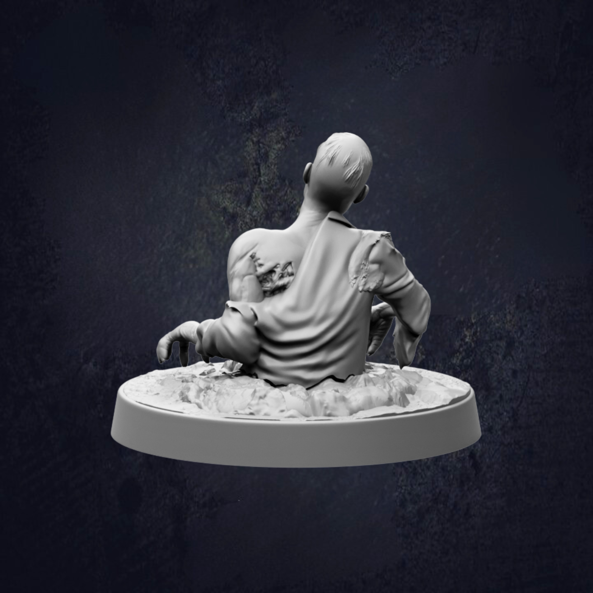 A 3D rendering of a zombie-like figure with a torn shirt, standing on a platform against a dark background.
